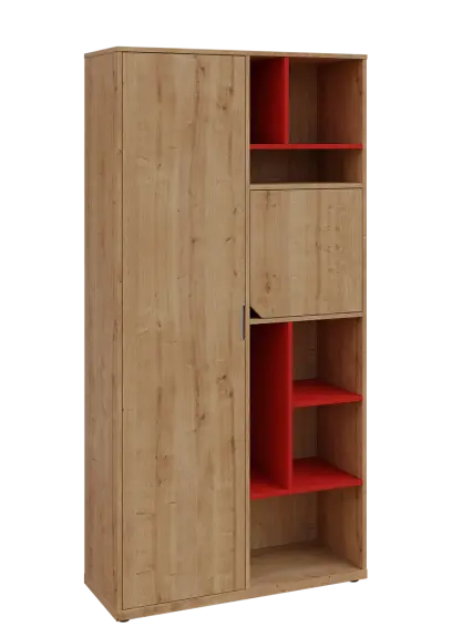 KSR6-83 L skříň šatní, 1x výsuvné ramínko, dvířka, niky, 2053x1022x400 mm, provedení levé, korpus a dvířka dub lite/police červená